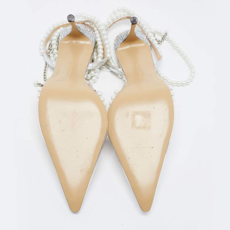Pre Owned Mach & Mach Transparent PVC Faux Pearl and Crystal Embellished Ankle Wrap Pumps Size 42