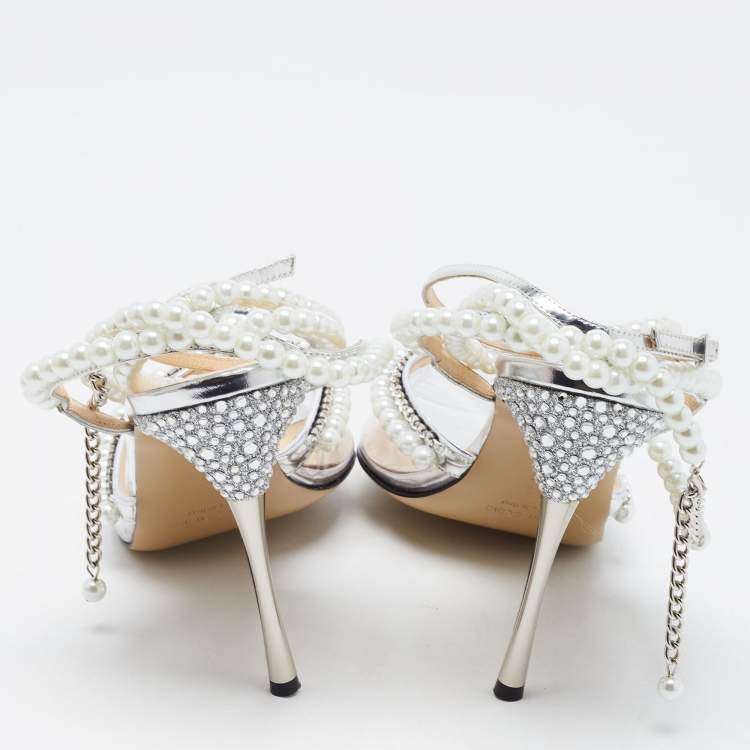 Pre Owned Mach & Mach Transparent PVC Faux Pearl and Crystal Embellished Ankle Wrap Pumps Size 42