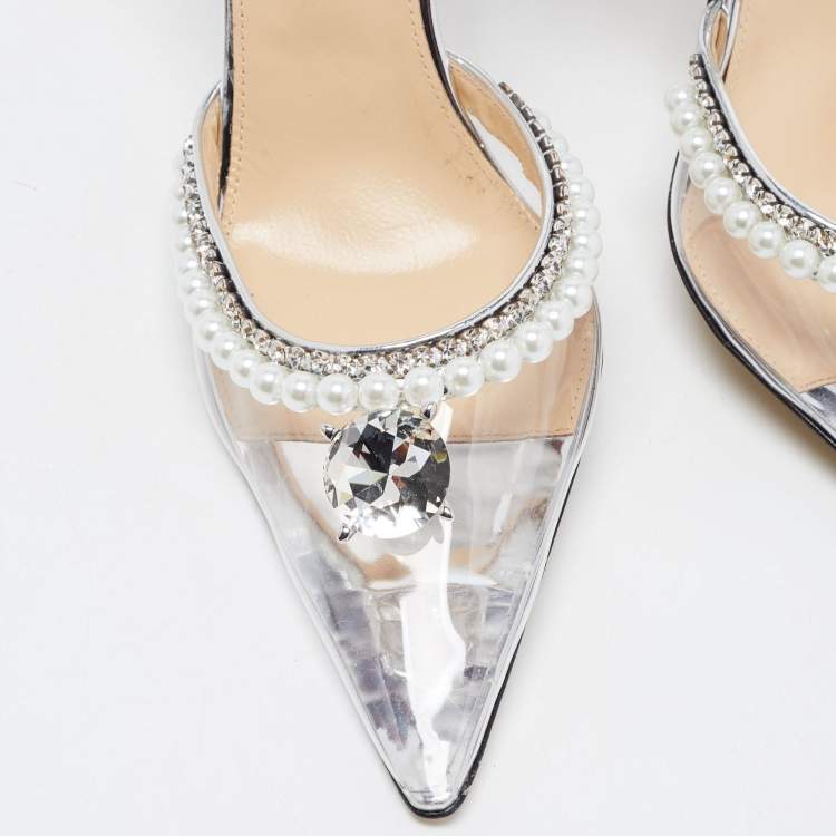Pre Owned Mach & Mach Transparent PVC Faux Pearl and Crystal Embellished Ankle Wrap Pumps Size 42