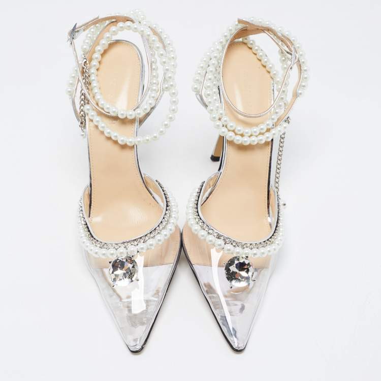 Pre Owned Mach & Mach Transparent PVC Faux Pearl and Crystal Embellished Ankle Wrap Pumps Size 42