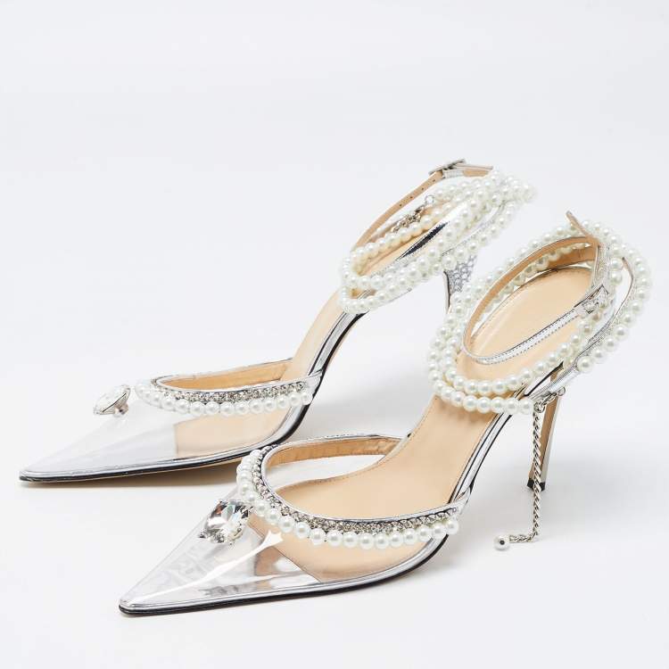 Pre Owned Mach & Mach Transparent PVC Faux Pearl and Crystal Embellished Ankle Wrap Pumps Size 42