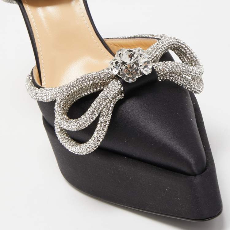 Pre Owned Mach & Mach Black Satin Double Bow Crystal Embellished Platform Pumps Size 40.5
