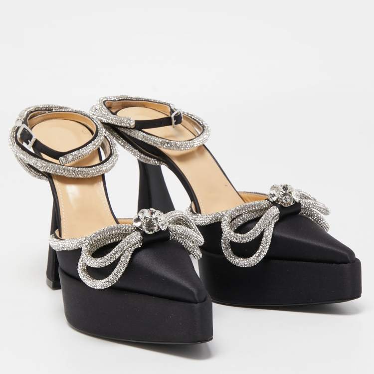 Pre Owned Mach & Mach Black Satin Double Bow Crystal Embellished Platform Pumps Size 40.5