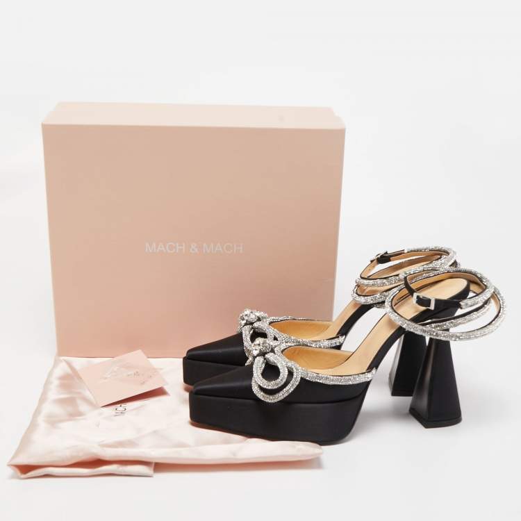 Pre Owned Mach & Mach Black Satin Double Bow Crystal Embellished Platform Pumps Size 40.5
