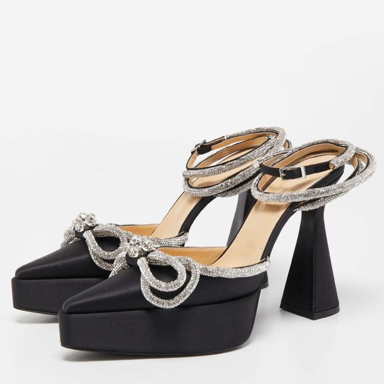 Pre Owned Mach & Mach Black Satin Double Bow Crystal Embellished Platform Pumps Size 40.5