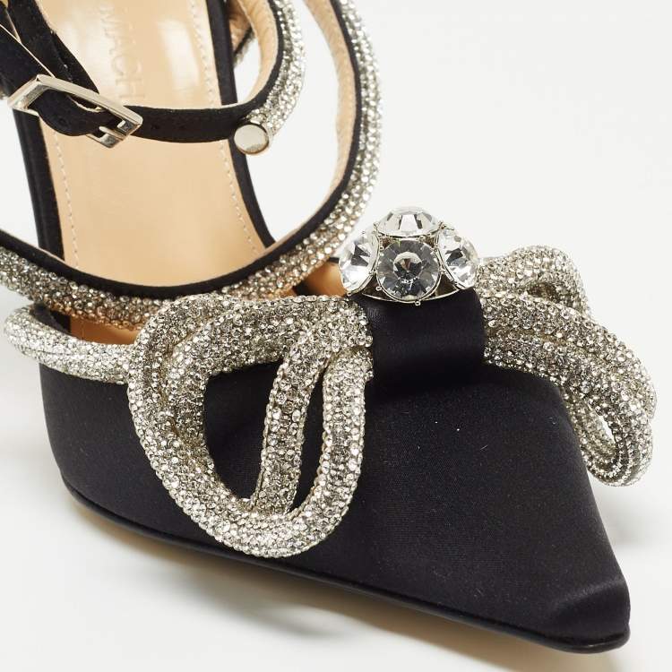 Pre Owned Mach & Mach Satin Double Bow Crystal Embellished Ankle Tie Pumps Size 38