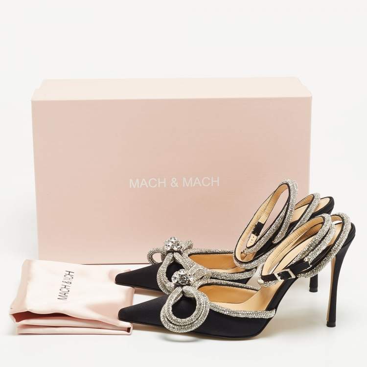 Pre Owned Mach & Mach Satin Double Bow Crystal Embellished Ankle Tie Pumps Size 38
