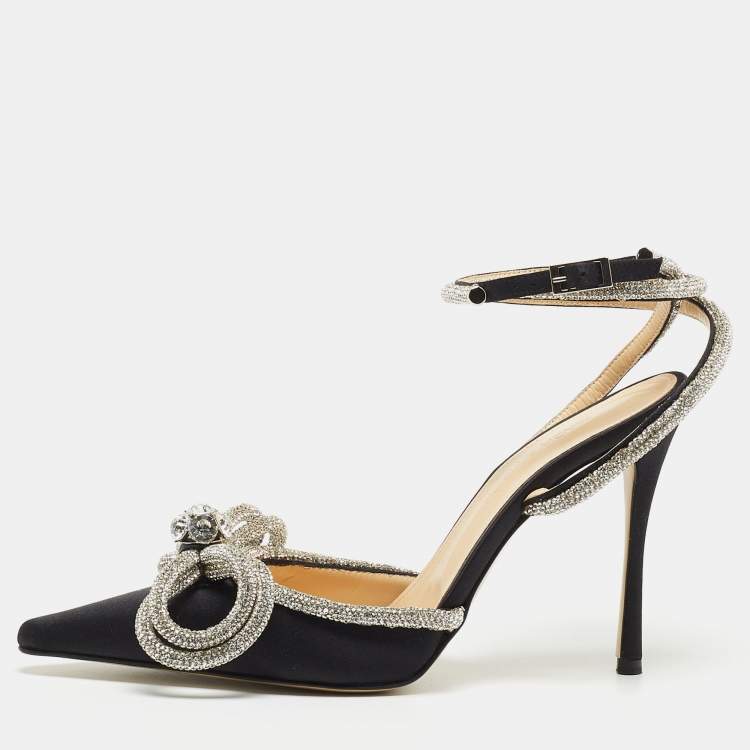 Pre Owned Mach & Mach Satin Double Bow Crystal Embellished Ankle Tie Pumps Size 38
