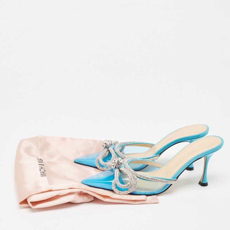 Pre Owned Mach & Mach Blue PVC Crystal Embellished Double Bow Mules Size 39