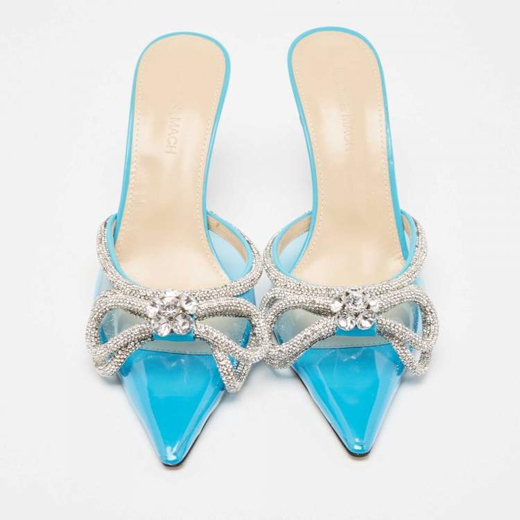 Pre Owned Mach & Mach Blue PVC Crystal Embellished Double Bow Mules Size 39