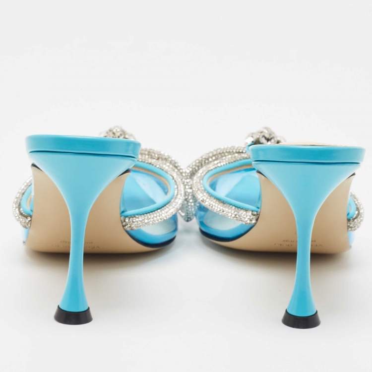 Pre Owned Mach & Mach Blue PVC Crystal Embellished Double Bow Mules Size 39