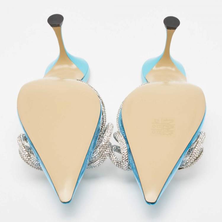 Pre Owned Mach & Mach Blue PVC Crystal Embellished Double Bow Mules Size 39