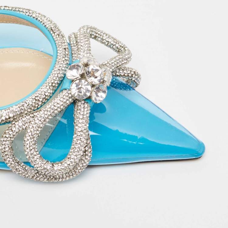 Pre Owned Mach & Mach Blue PVC Crystal Embellished Double Bow Mules Size 39