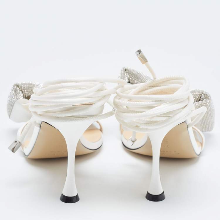 Pre Owned Mach & Mach White Satin Crystal Embellished Bow Ankle Wrap Sandals Size 38