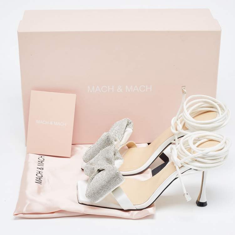 Pre Owned Mach & Mach White Satin Crystal Embellished Bow Ankle Wrap Sandals Size 38