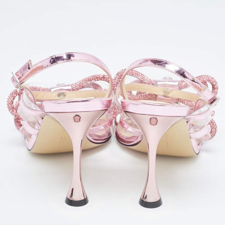 Pre Owned Mach & Mach Purple Leather and PVC Crystal Embellished Accents Slingback Sandals Size 39