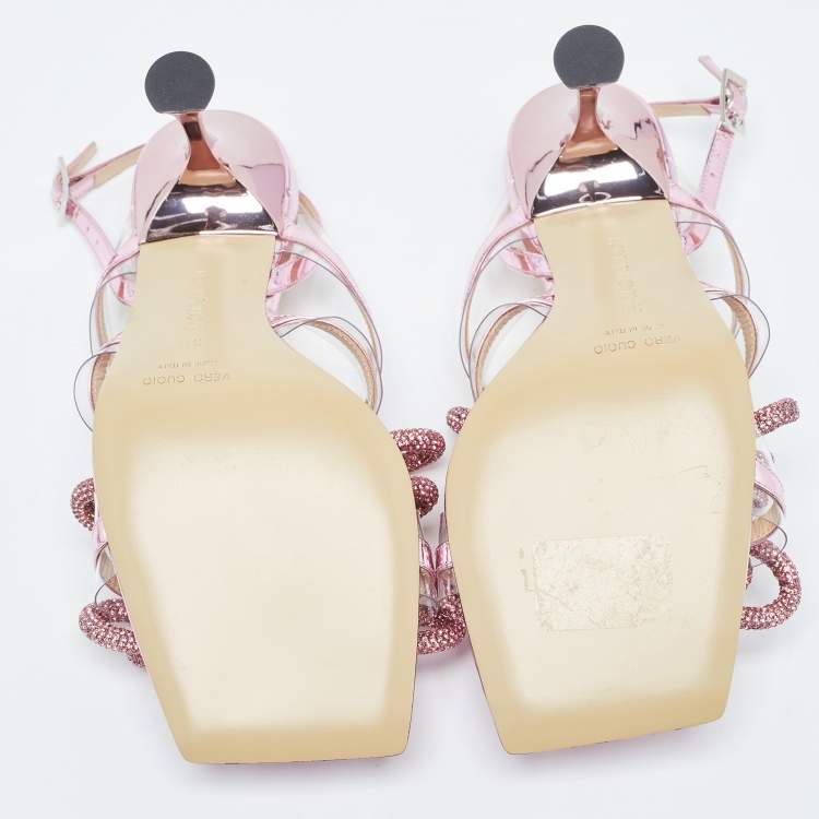 Pre Owned Mach & Mach Purple Leather and PVC Crystal Embellished Accents Slingback Sandals Size 39
