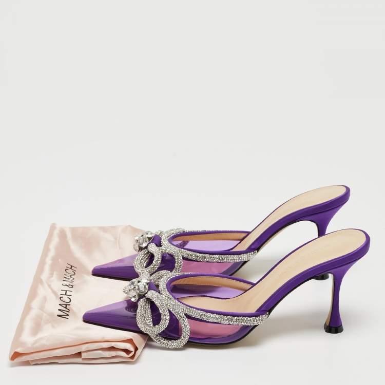 Pre Owned Mach & Mach Purple PVC Crystal Embellished Double Bow Mules Size 36.5