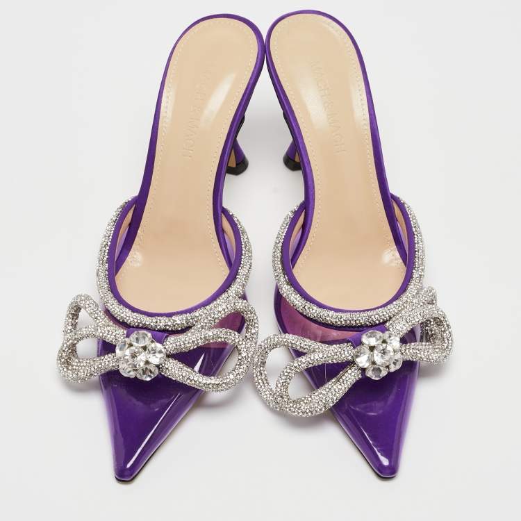 Pre Owned Mach & Mach Purple PVC Crystal Embellished Double Bow Mules Size 36.5
