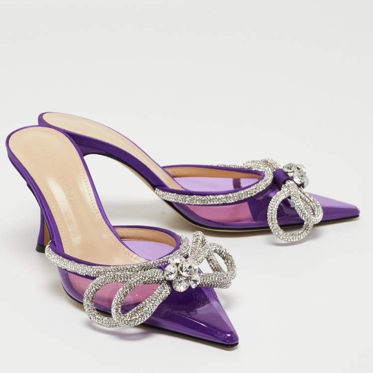 Pre Owned Mach & Mach Purple PVC Crystal Embellished Double Bow Mules Size 36.5