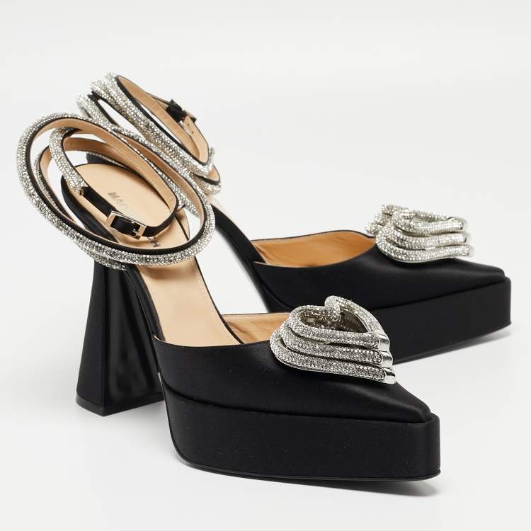 Pre Owned Mach & Mach Black Satin Triple Hear Embellished Ankle Strap Pumps Size 41