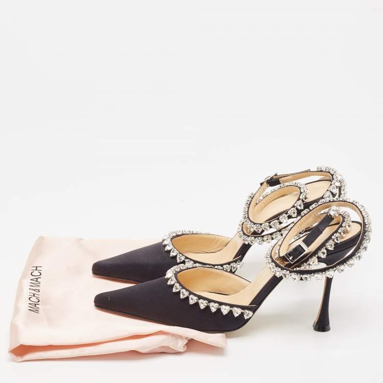 Pre Owned Mach & Mach Black Satin Heart Crystal Embellished Ankle Wrap Pumps Size 38