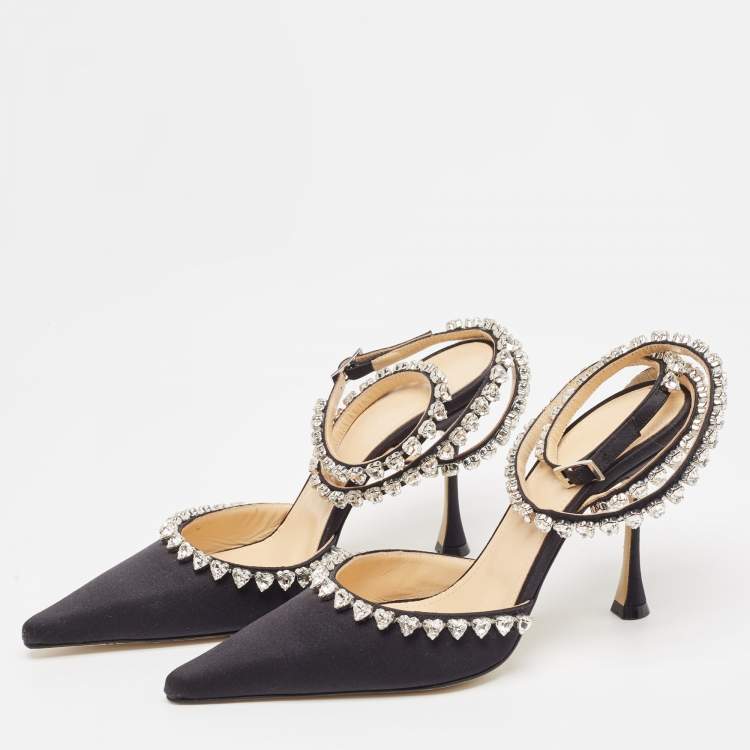Pre Owned Mach & Mach Black Satin Heart Crystal Embellished Ankle Wrap Pumps Size 38