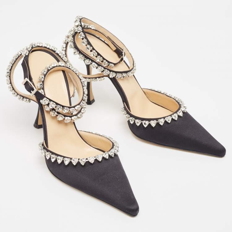 Pre Owned Mach & Mach Black Satin Heart Crystal Embellished Ankle Wrap Pumps Size 38