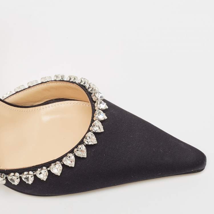 Pre Owned Mach & Mach Black Satin Heart Crystal Embellished Ankle Wrap Pumps Size 38