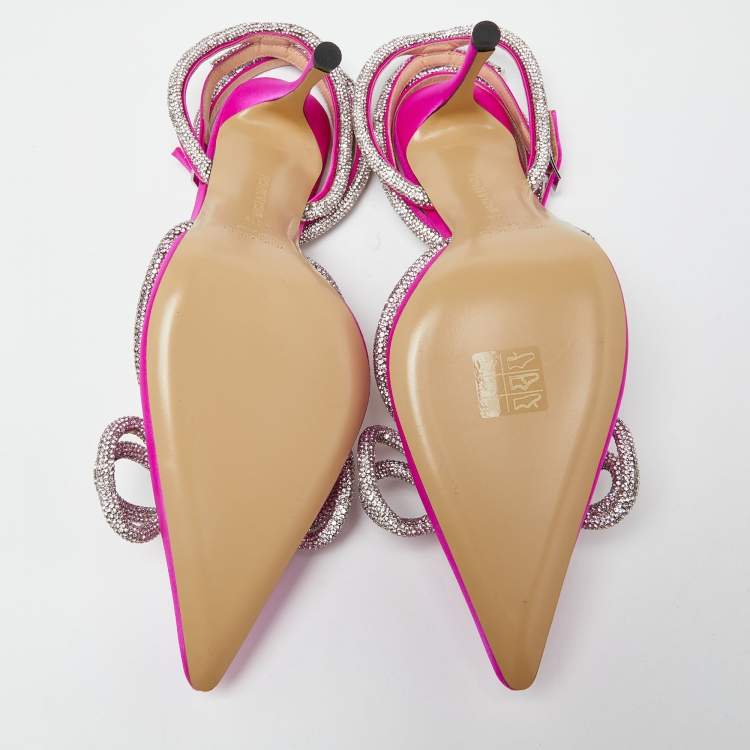 Pre Owned Mach & Mach Magenta Satin Double Bow Crystal Embellished Ankle Wrap Pumps Size 40.5
