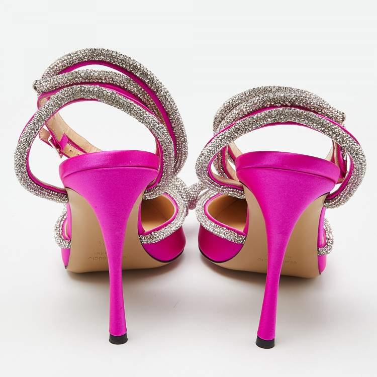 Pre Owned Mach & Mach Magenta Satin Double Bow Crystal Embellished Ankle Wrap Pumps Size 40.5