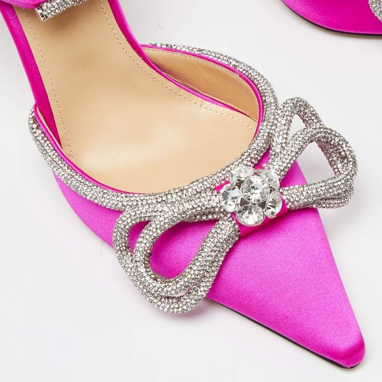 Pre Owned Mach & Mach Magenta Satin Double Bow Crystal Embellished Ankle Wrap Pumps Size 40.5