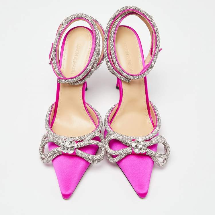 Pre Owned Mach & Mach Magenta Satin Double Bow Crystal Embellished Ankle Wrap Pumps Size 40.5