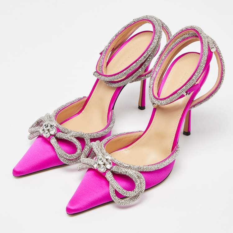 Pre Owned Mach & Mach Magenta Satin Double Bow Crystal Embellished Ankle Wrap Pumps Size 40.5