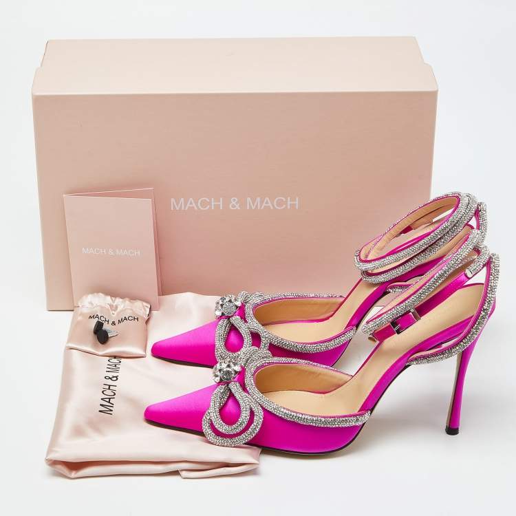 Pre Owned Mach & Mach Magenta Satin Double Bow Crystal Embellished Ankle Wrap Pumps Size 40.5