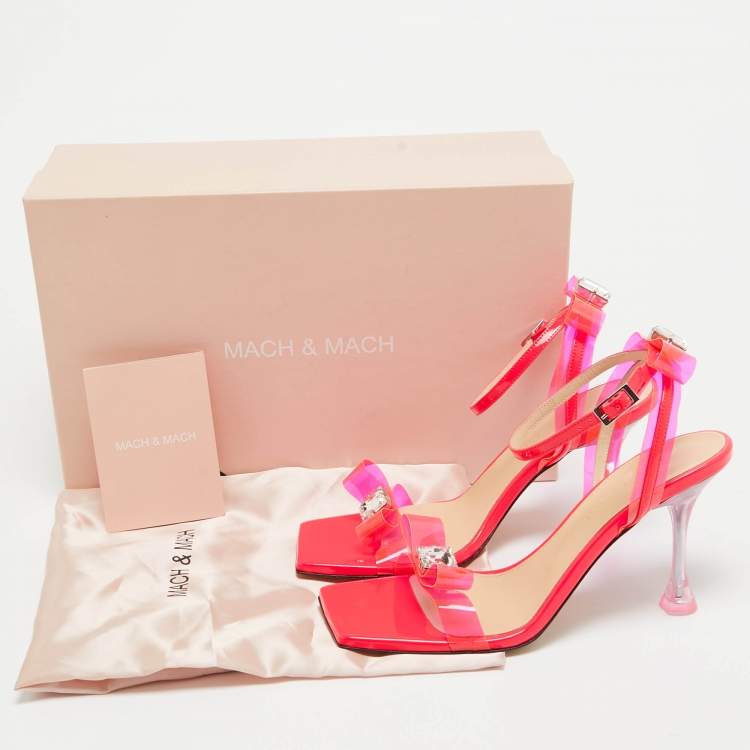 Pre Owned Mach & Mach Neon Pink PVC and Patent Leather French Bow Square Sandals Size 38.5
