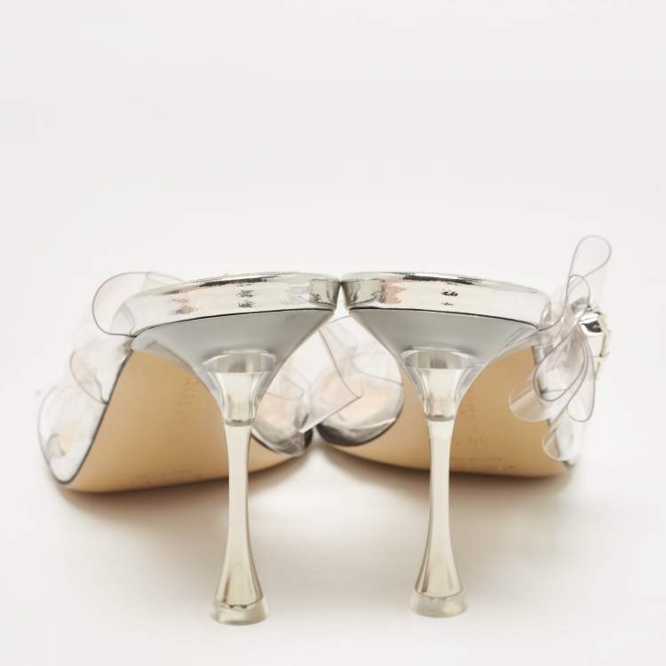 Pre Owned Mach & Mach Silver PVC and Patent Leather French Triple Bow Sandals Size 36.5