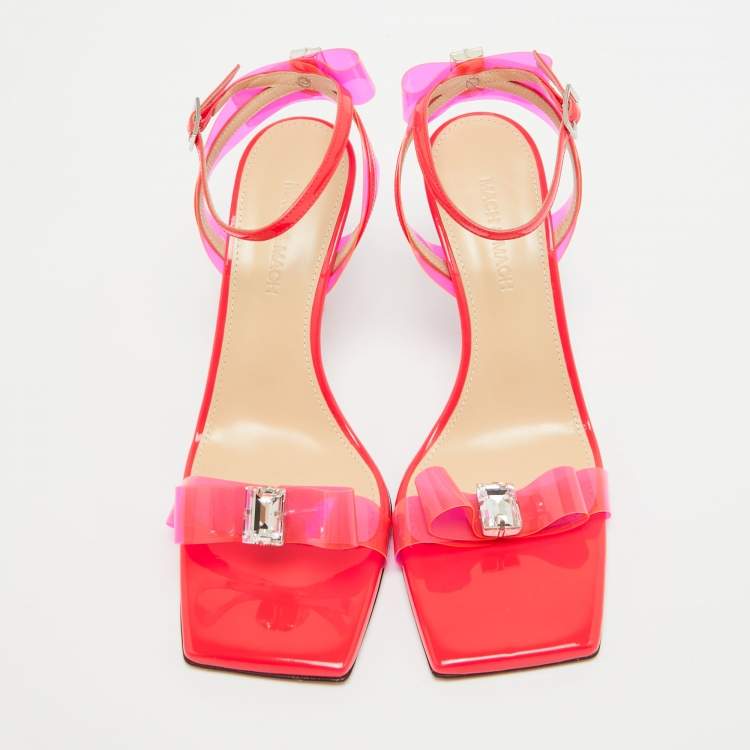 Pre Owned Mach & Mach Neon Pink PVC and Patent Leather French Bow Sandals Size 38