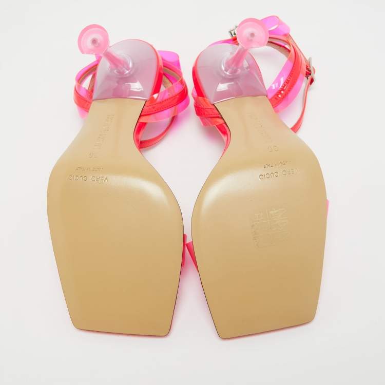 Pre Owned Mach & Mach Neon Pink PVC and Patent Leather French Bow Sandals Size 36