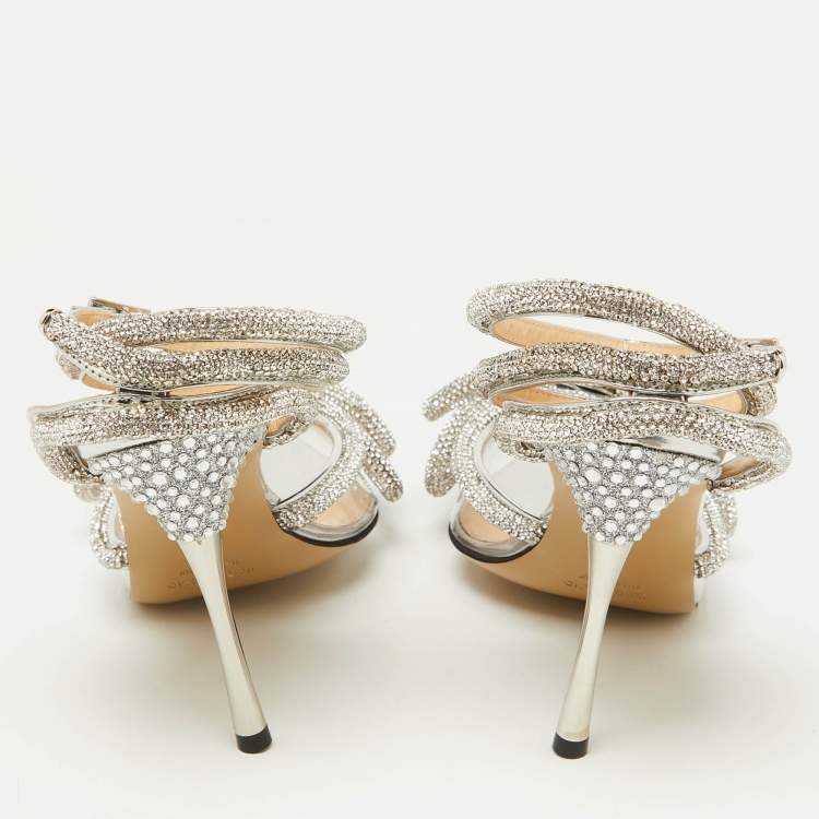 Pre Owned Mach & Mach Silver/Transparent PVC Crystal Embellished Ankle Strap Sandals Size 35
