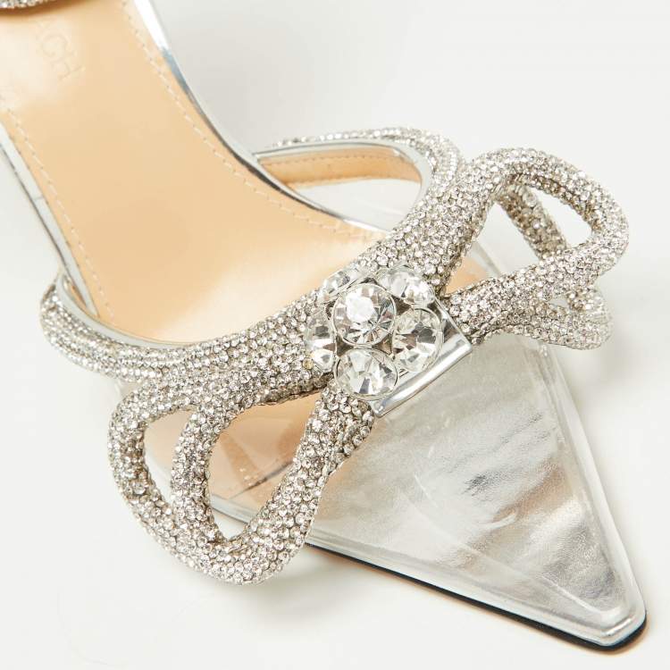 Pre Owned Mach & Mach Silver/Transparent PVC Crystal Embellished Ankle Strap Sandals Size 35
