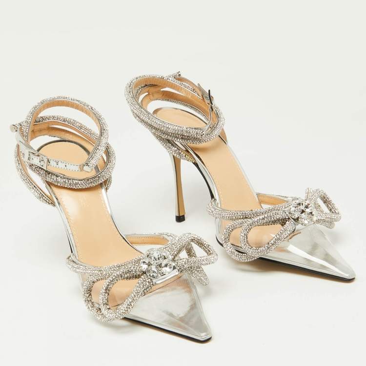 Pre Owned Mach & Mach Silver/Transparent PVC Crystal Embellished Ankle Strap Sandals Size 35