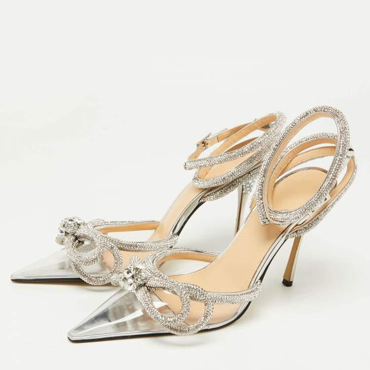 Pre Owned Mach & Mach Silver/Transparent PVC Crystal Embellished Ankle Strap Sandals Size 35