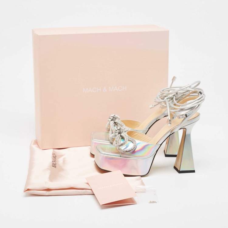 Pre Owned Mach & Mach Iridescent Leather Double Bow Platform Sandals Size 38.5