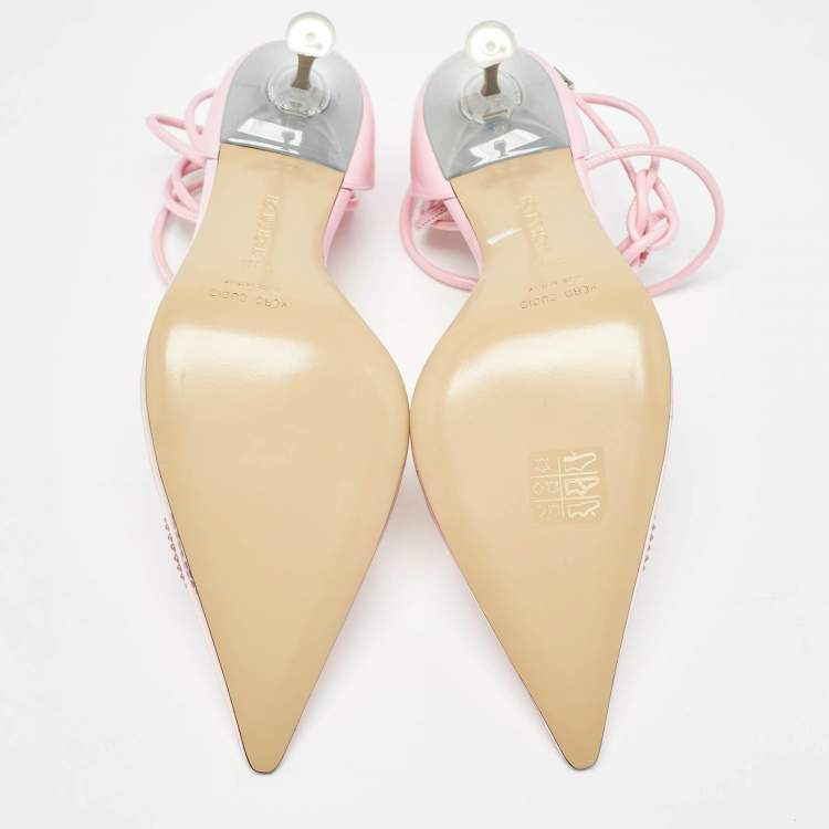 Pre Owned Mach & Mach Pink Leather and PVC Crystal Bow Ankle Strap Pumps Size 39.5