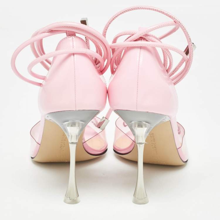 Pre Owned Mach & Mach Pink Leather and PVC Crystal Bow Ankle Strap Pumps Size 39.5