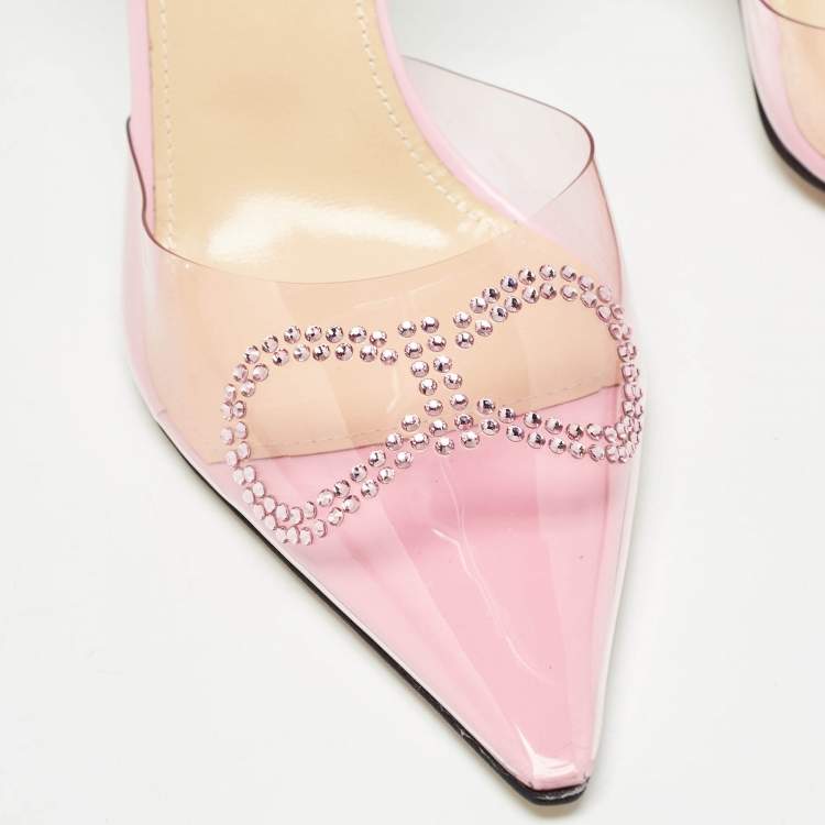 Pre Owned Mach & Mach Pink Leather and PVC Crystal Bow Ankle Strap Pumps Size 39.5