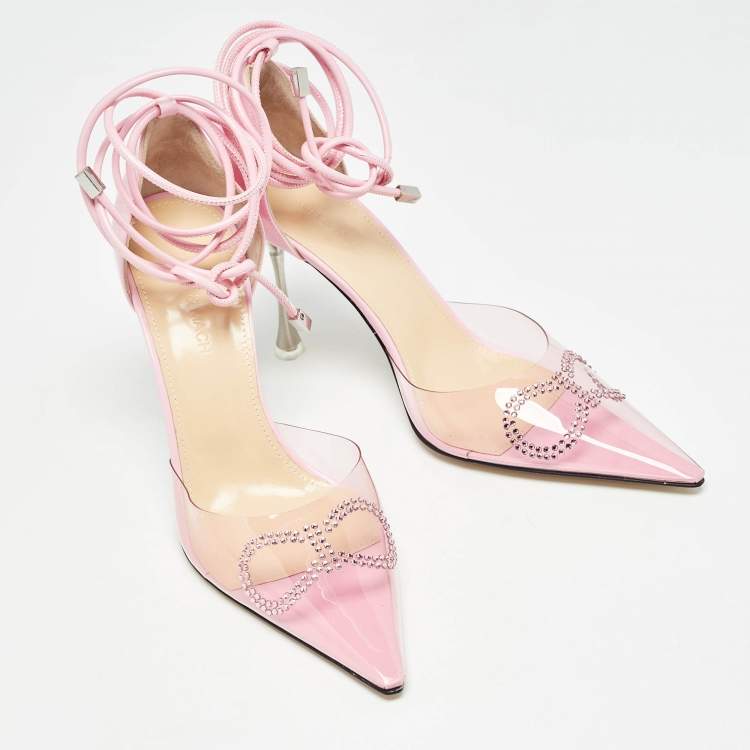Pre Owned Mach & Mach Pink Leather and PVC Crystal Bow Ankle Strap Pumps Size 39.5