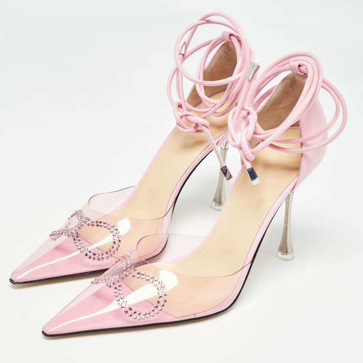 Pre Owned Mach & Mach Pink Leather and PVC Crystal Bow Ankle Strap Pumps Size 39.5