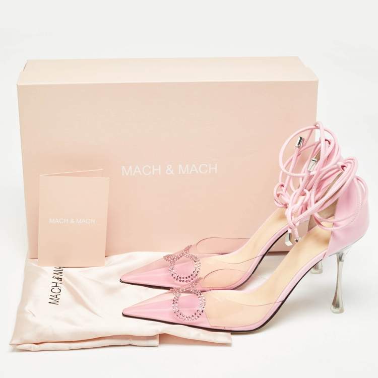 Pre Owned Mach & Mach Pink Leather and PVC Crystal Bow Ankle Strap Pumps Size 39.5